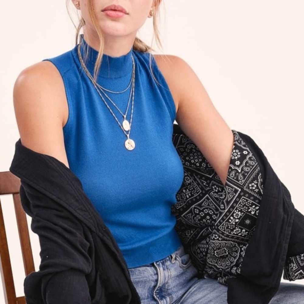 Blue mock neck tank